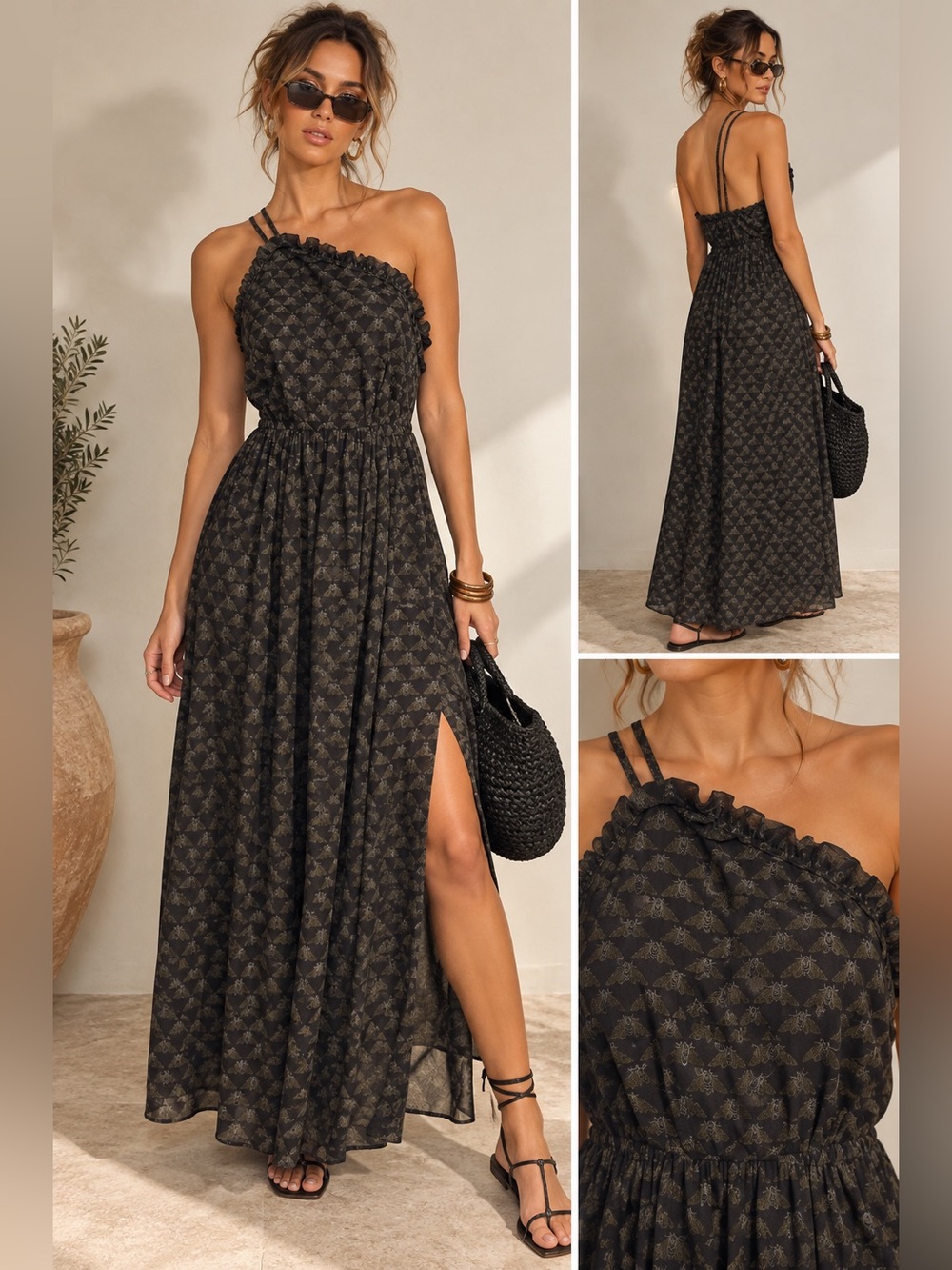 Zeynep Arcay 100% Silk Asymmetrical Moth Print Dress US 2 Luxury Maxi